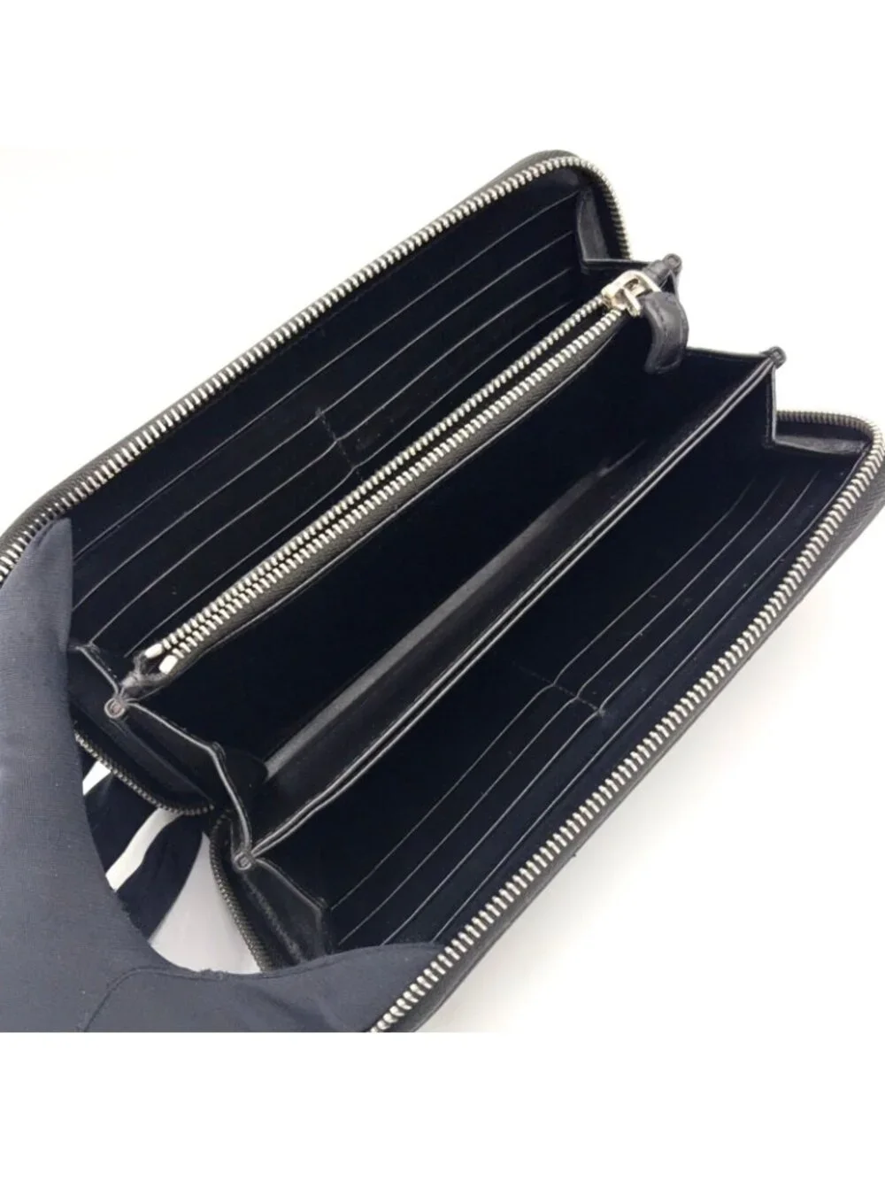 Prada Saffiano Embossed Logo Zip Around Leather Black Wallet Silver